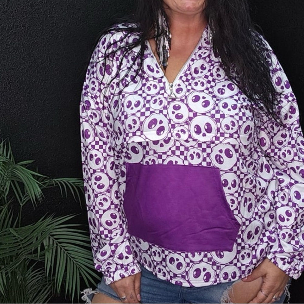 Purple and White Long Sleeve Hoodie with Front Purple Pocket